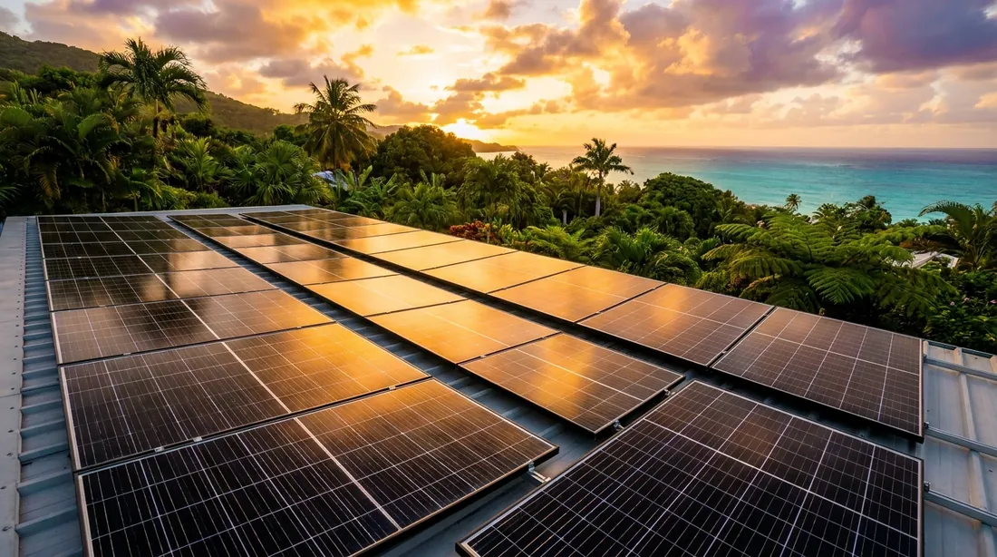 Panneaux solaires installés sur un toit face à la mer des Caraïbes au coucher du soleil en Martinique